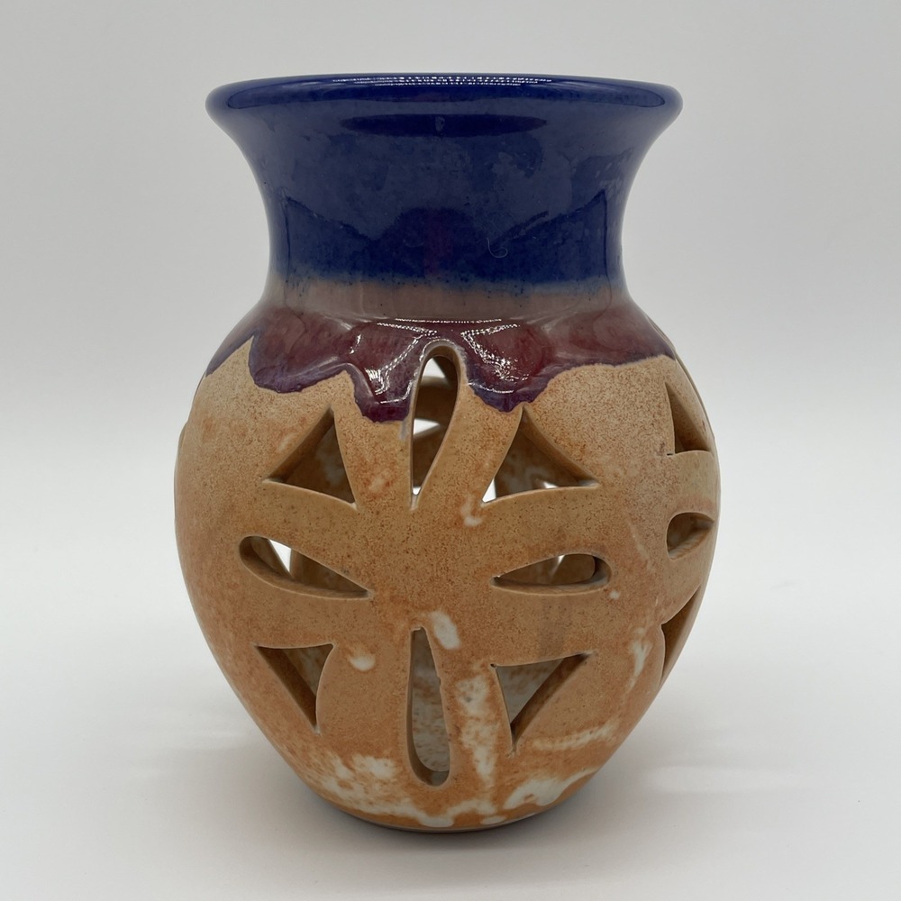 Signed Walt Glass Art Pottery Candle Lantern 6.5" X  5.5" Drip Glaze Red Blue